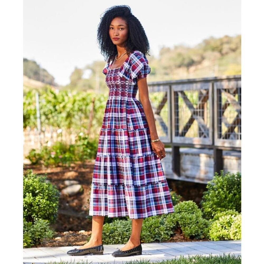 NWT Maxwell & Geraldine Kate Red Plaid Smocked Puff Sleeve Midi Dress Large